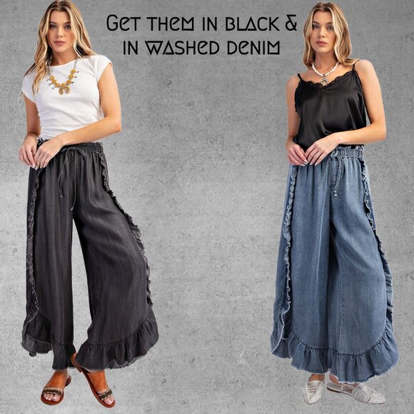 EASEL RESTOCKED! Raw Ruffle Trim Pants Elastic & Drawstring Waist & Scooped Hem - Picture 14 of 15